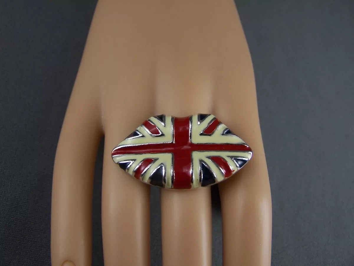 Union Jack ring Cream Red Blue British Flag LIPS enamel big cocktail statement