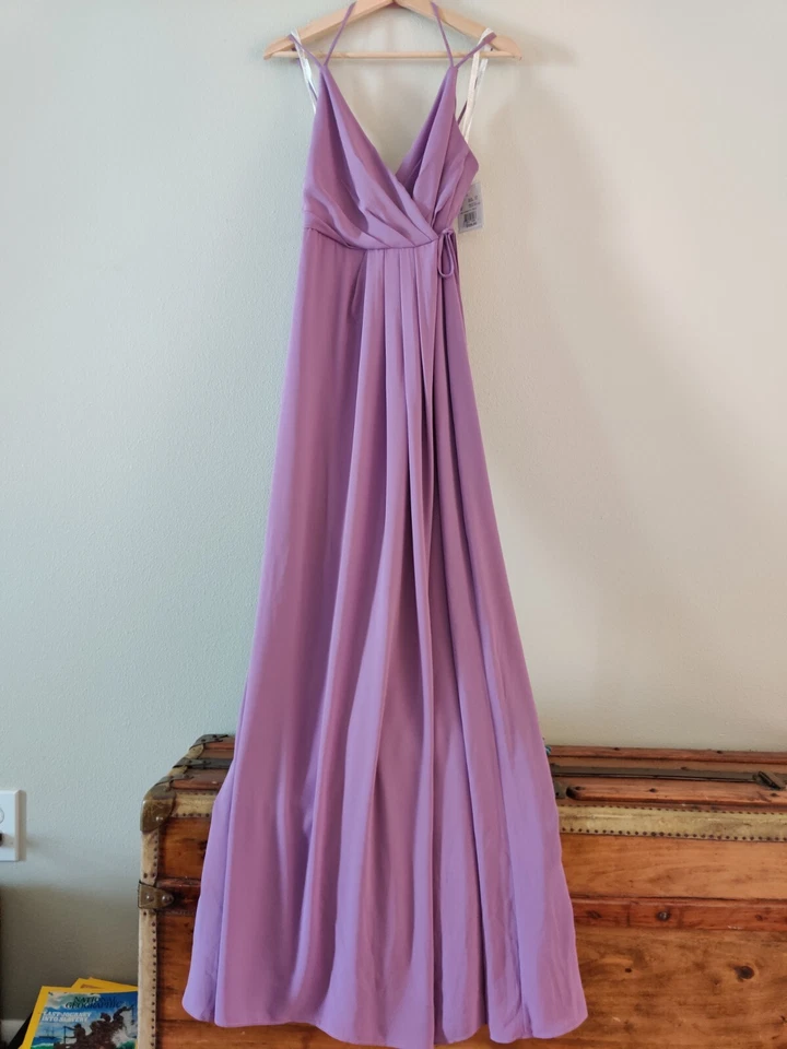 NEW Davids Bridal Bridesmaid Wrap Dress Chiffon Purple Wisteria Size 0 Georgette - Image 2 of 4