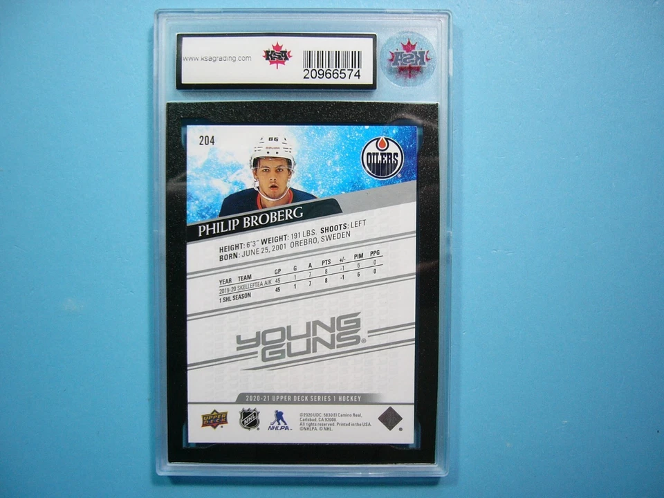 2020/21 UPPER DECK UD YOUNG GUNS HOCKEY CARD #204 PHILIP BROBERG ROOKIE KSA 10 - Image 2 of 2