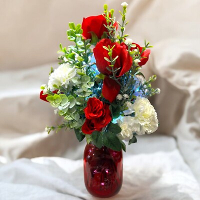 Red Rose Carnation LED Lighted Flowers Country Farmhouse Mason Jar Mothers Day