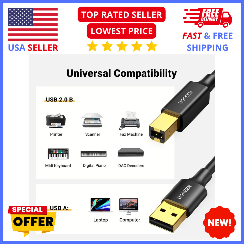 UGREEN 5ft USB A to B Printer Cable - High-Speed Gold Plated (BLACK)
