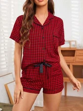 Women's Short Sleeve Button Up Plaid Pajama Set With Drawstring Shorts