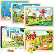4 Packs with 24-Piece,Wooden Puzzles Toys for Kids,Zoo, Insects, Educational Bra