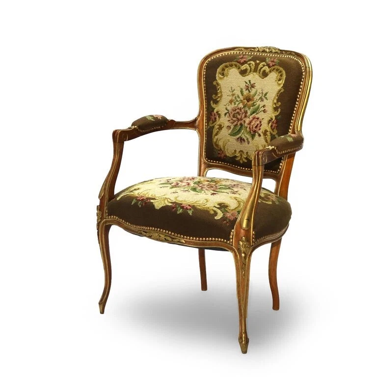 Silla tapiz antigua francesa estilo Luis XIV paquete nogal dorado y floral C1920 Foto 3 de 4