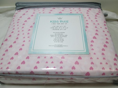 NEW Kids Rule 3 Piece Twin Sheet Set Pink Hearts NIP - Picture 3 of 5