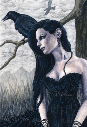 Gothic Fantasy Art PRINT Raven crow tree woman corset Watercolor Black - 第 1/4 張圖片