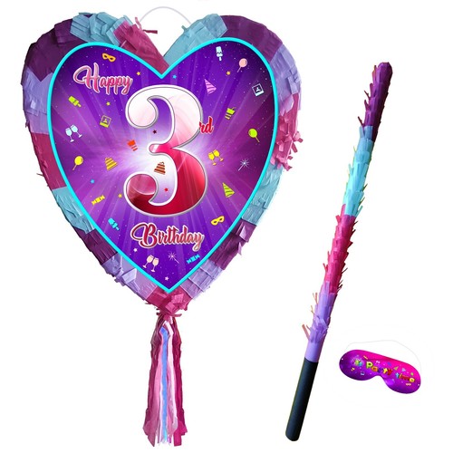 3rd Birthday number Heart Pinata stick third party baby girl pink game three 3 - Picture 5 of 6