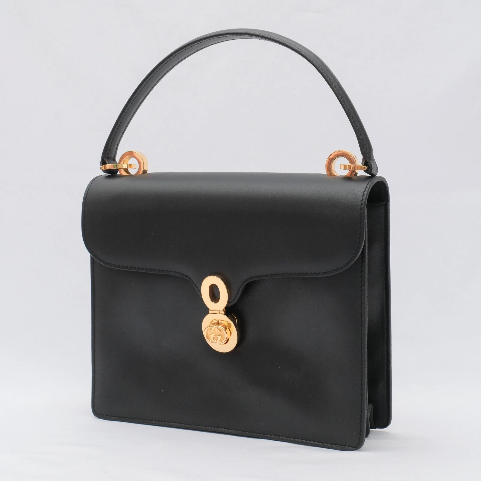 Sac à main vintage GUCCI Turn Lock sac à main cuir noir authentique