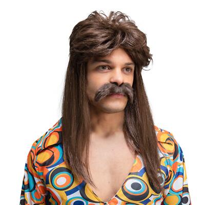 1970s Wig Moustache Retro Long Mullet Brown Hair Disco Guy