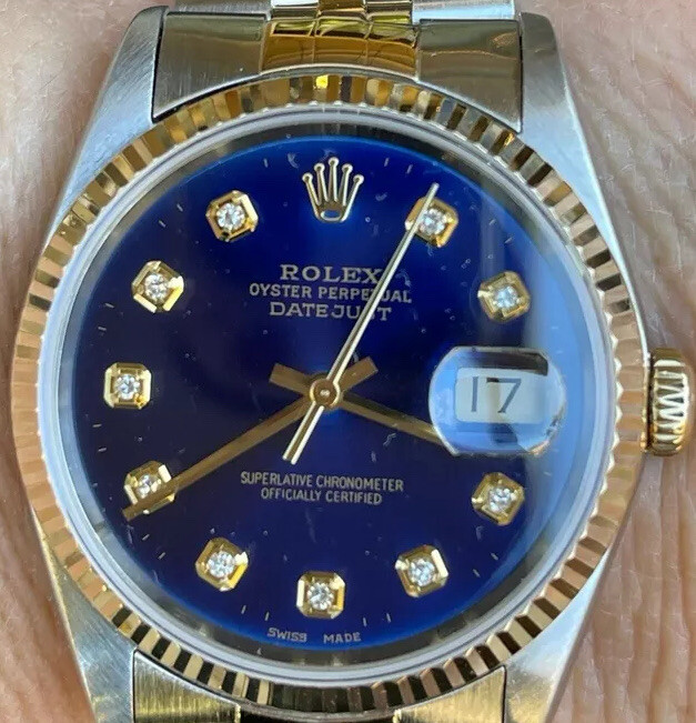 Rolex Datejust 36mm 16233 Mens Or Ladies Two Tone 18k Gold Blue
