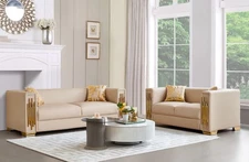 Living Room Sofa Set 2pc Sofa Loveseat Cream Leather Fabric with Gold Trim