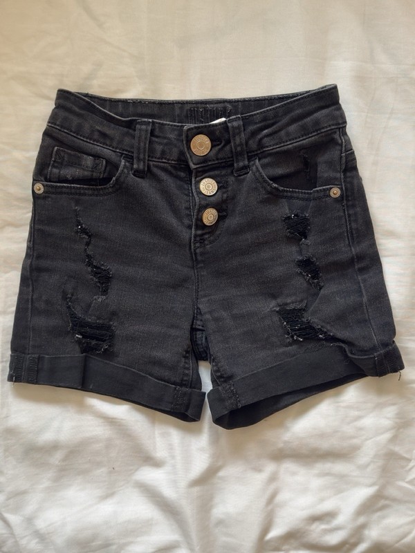 Justice Size 7 Black cotton blend distressed Jean shorts w/button fly