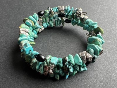 Turquoise Black Onyx Sterling Bracelet Flower Imprint Navajo Native American
