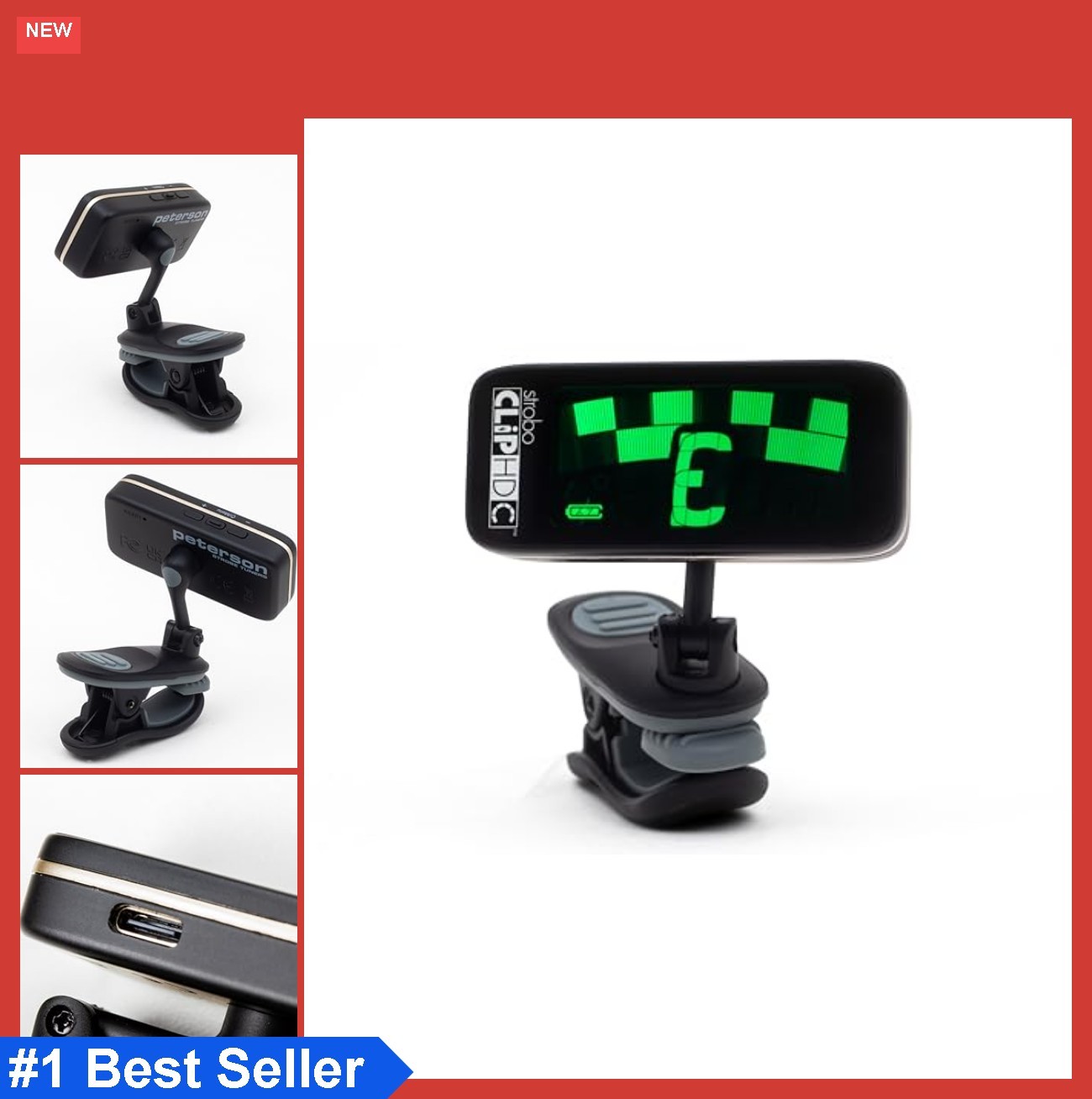 Clip-On Guitar Tuner True Strobe 0.1 Cent LED Color Display USB-C Rechargeable