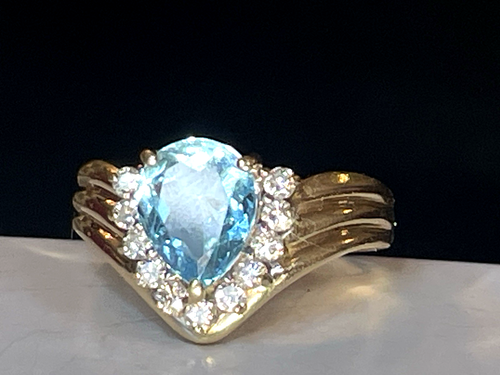 14K GOLD BLUE TOPAZ & DIAMOND RING NATURAL GEMSTONE SIGNED - Picture 9 of 16
