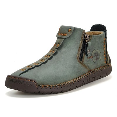  Handmade Leather Men Shoes Zipper Design Outdoor Sneakers Slip on Casual Shoes