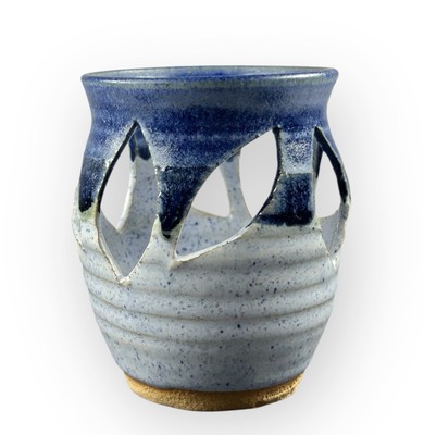 Freidendorf Handmade Candle Holder Two Tone Blue Pottery Lattice Artist Signed