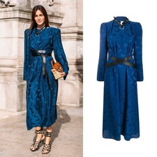 STELLA MCCARTNEY F/W 2019 Silk Horse Jacquard Blue Leather Belted Midi Dress 38