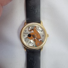 Armitron Scooby Doo Watch 1998 Rotating Bones Black Leather w Bones Gold Tone