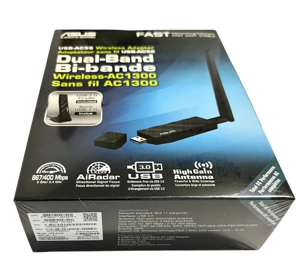 ASUS USB-AC56 Wireless Adapter Dual-Band AC1300 Cradle Included Factory Sealed - Image 3 of 4