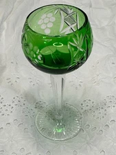 Vintage European Green Cut to Clear Crystal Hock Wine Glass Goblet