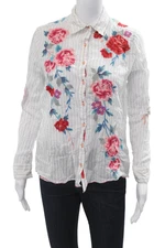 Johnny Was Women White Floral Collared Button Up Blouse Long Sleeve Size XS