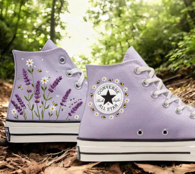 Custom Embroidered Converse: Lavender & Daisy Floral Wedding Sneakers