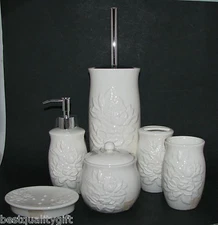 6 PC ARTISTIC IVORY MAGNOLIA CERAMIC SOAP DISPENSER,TOILET BRUSH HOLDER+4 MORE