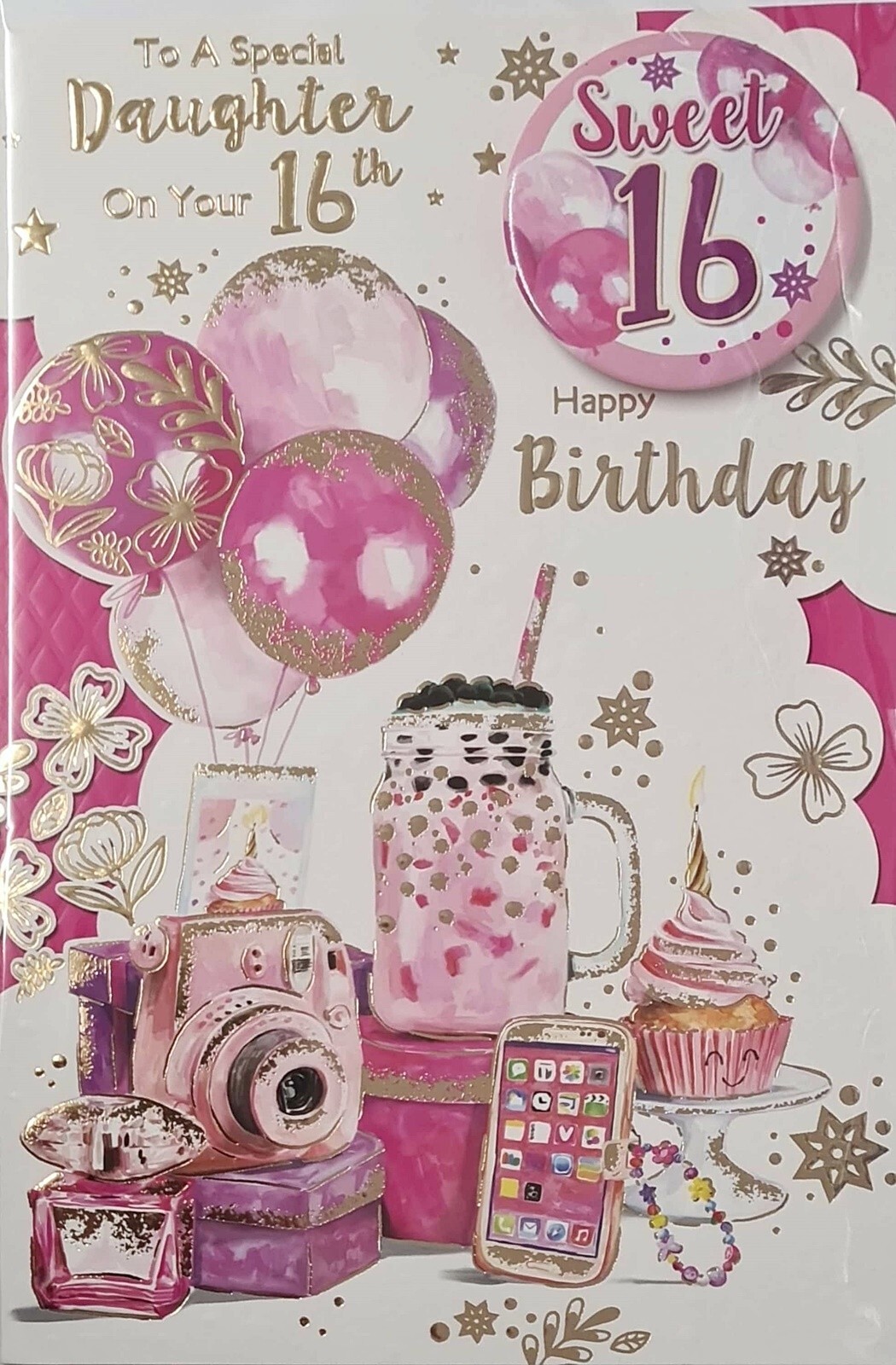 Happy 16th Birthday Card for a Special Daughter With Sweet 16 Badge Phone Camera