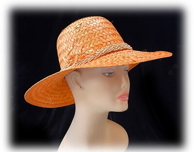 Vtg Ladies Straw Beach Hat Woven Vintage Bright Orange  display picture 3