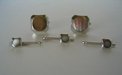 VINTAGE TIGER EYE TUXEDO SHIRT BUTTON STUDS CUFF LINK SET SWANK SILVER TONE - Picture 4 of 11
