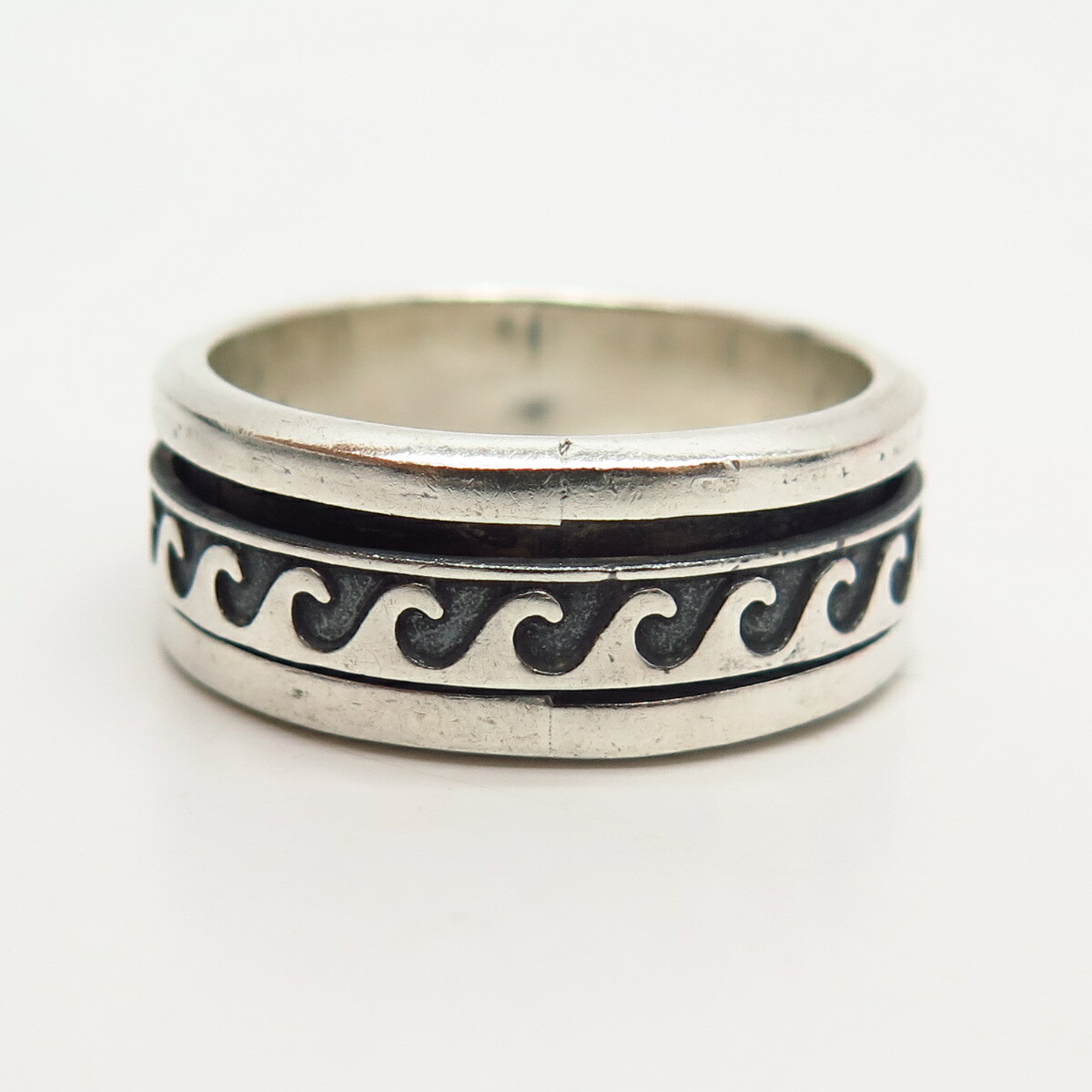 Vintage K10 × Silver Twist Wave Ring 925 925 Sterling Silver Wave Pattern Rotating Band Men's Ring