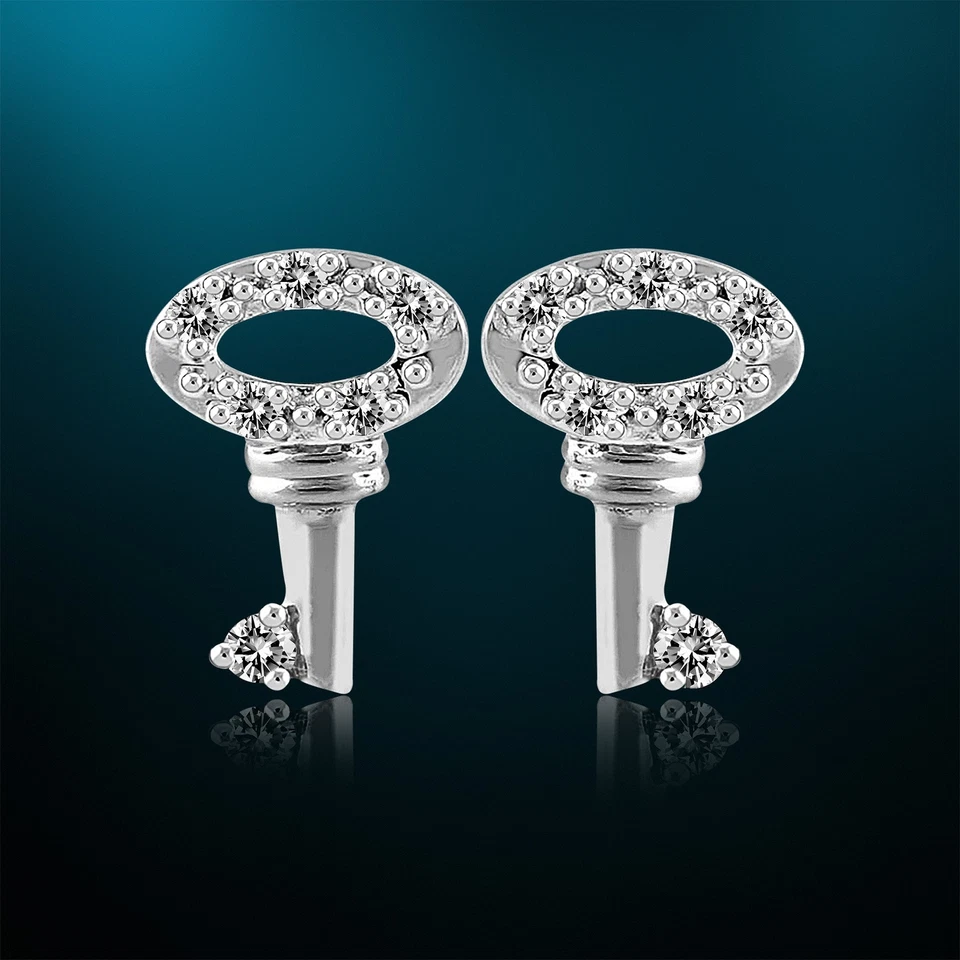 1/10 Cttw Diamond Key Earrings for Women in Sterling Silver - Image 3 of 4