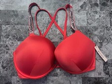 NWT VICTORIA'S SECRET 36DD RED SILVER SHINE STRAP BOMBSHELL PUSH UP BIKINI TOP