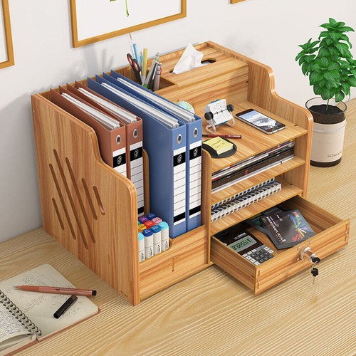 Wooden Office Desk Organiser Stationary Storage Home Tidy Storage Tabletop Unit - Picture 8 of 11