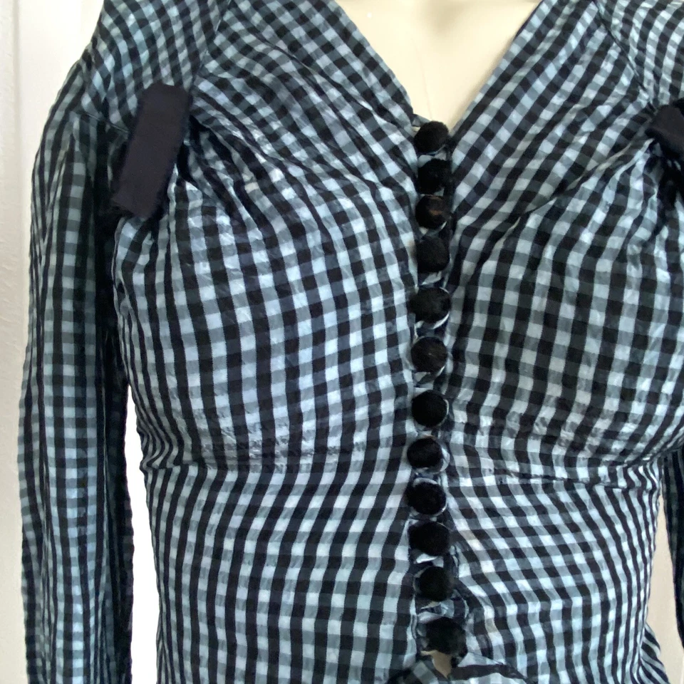 Blusa de guinga azul vintage de los años 30 con volantes lazos Art Deco camisa vestido top Foto 2 de 4