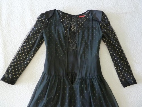 Couture Vintage Halston schwarz Spitze + Satin met Gold Stickerei Cocktailkleid S XS EUC - Bild 11 von 12