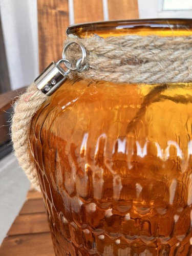 Vintage JUMBO 15.5" Amber Honeycomb Hexagon Pattern Jar with Rope Accent Hanging - Picture 7 of 12