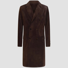 Men’s Double-Breasted Suede Leather Overcoat Long Trench Jacket Vintage Style