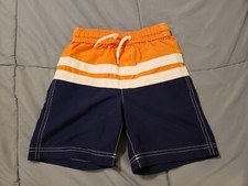 Boy  s Land  s End Swim Trunks Swimsuit Shorts Navy/Orange Mesh Liner Size L 7 
