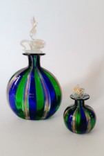 ♥ COPPIA DI BOTTIGLIE IN VETRO DI MURANO SOFFIATO RETICELLO FILIGRANA BLU VERDE