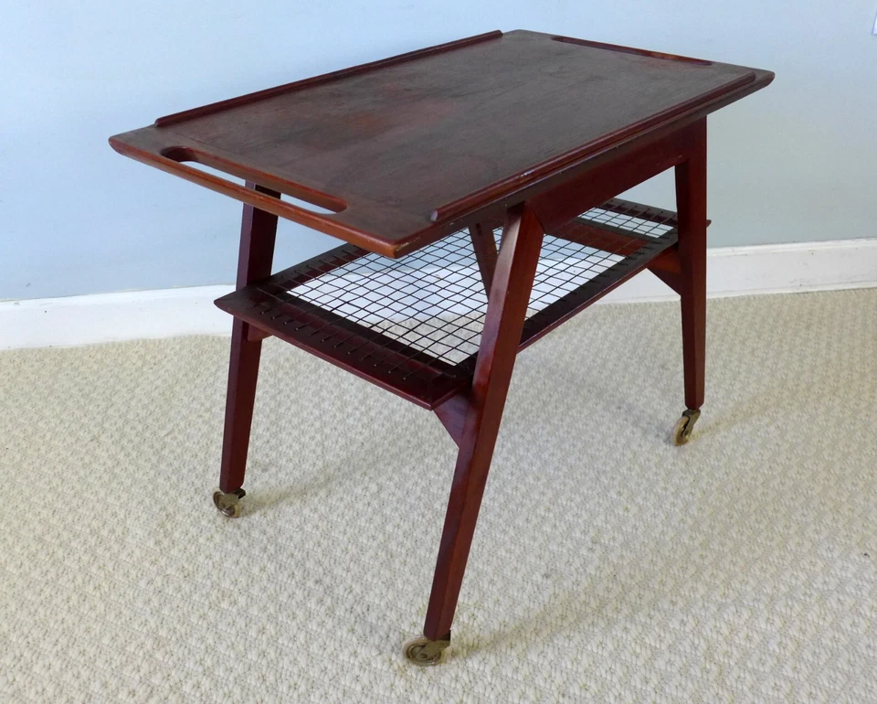 Датский Тик Напитки Тележка Стол Середина Века Современная Двухуровневая Барная Тележка Винтаж - Изображение 3 из 4