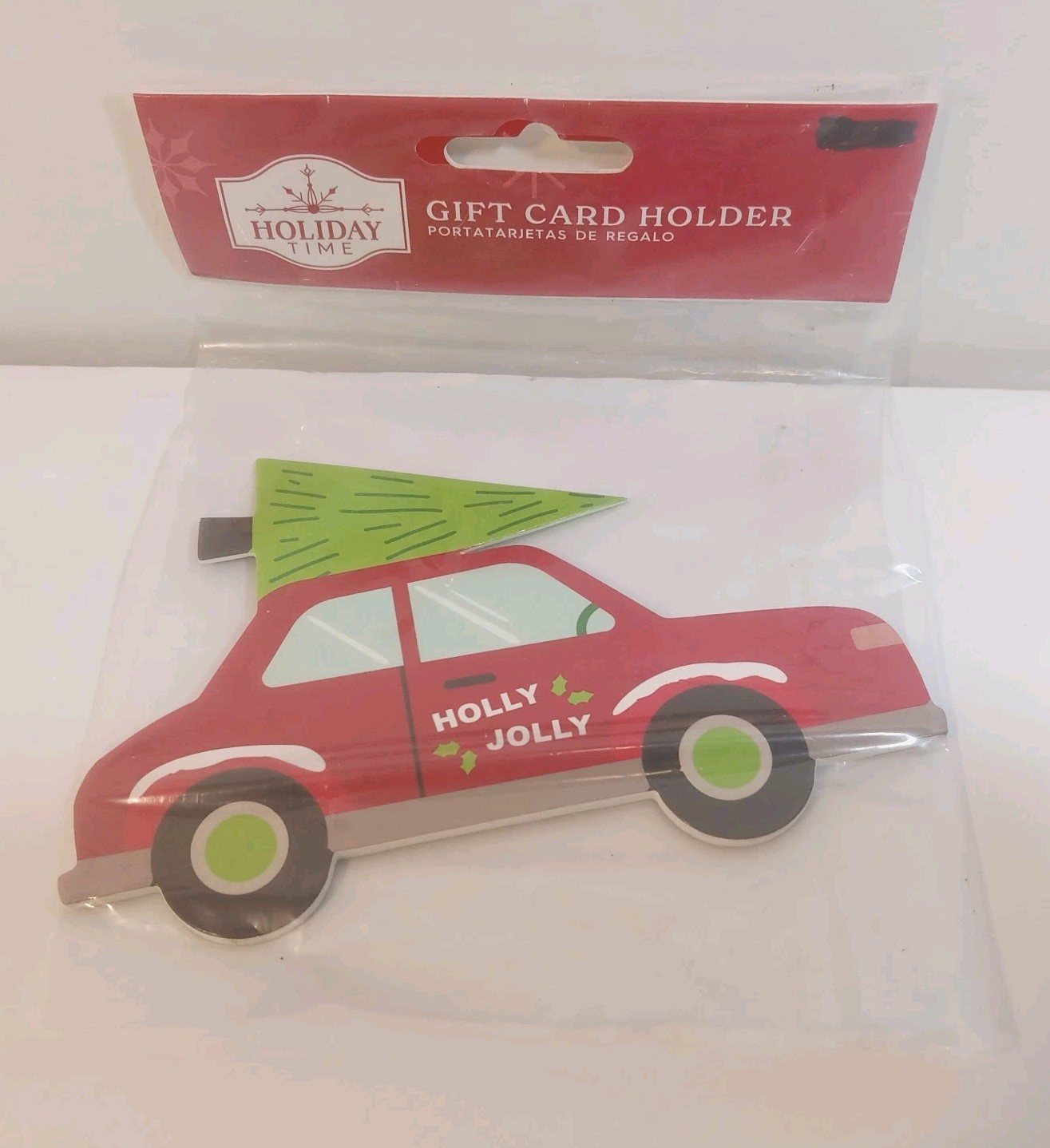 Holiday Time Gift Card Holder Red Green Car With Tree Holly Jolly  Christmas