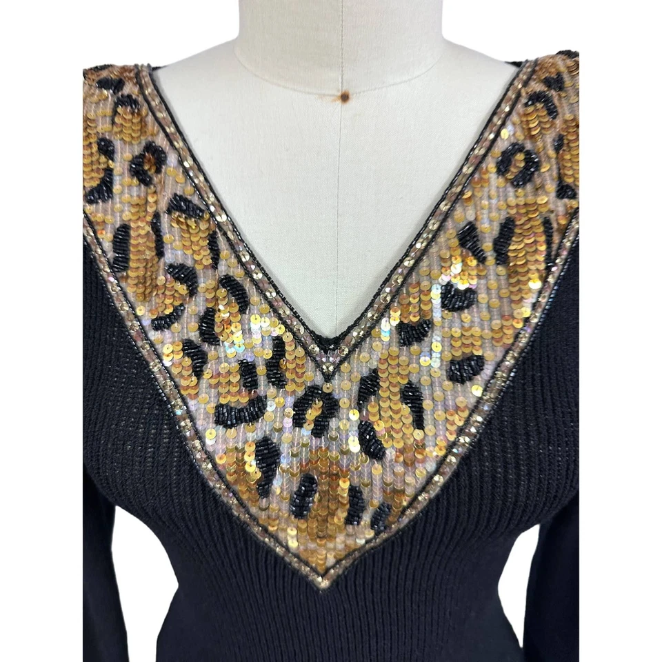 Vestido Pat Sandler De Colección Años 80 Negro Tejido Movible Cuentas Lentejuelas Leopardo Panel Mob Esposa Foto 3 de 4