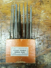 Disston round handle needle files, qty = 11, in original holder