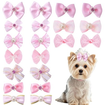 20 PCS Cute Dog Hair Bows with Bands Elastic Handmade Mix Style Lace Rhinesto...