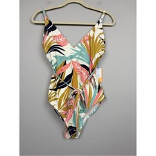 Kona Sol Tropical Palm Print Wrap Tie One Piece Swimsuit NWT Small