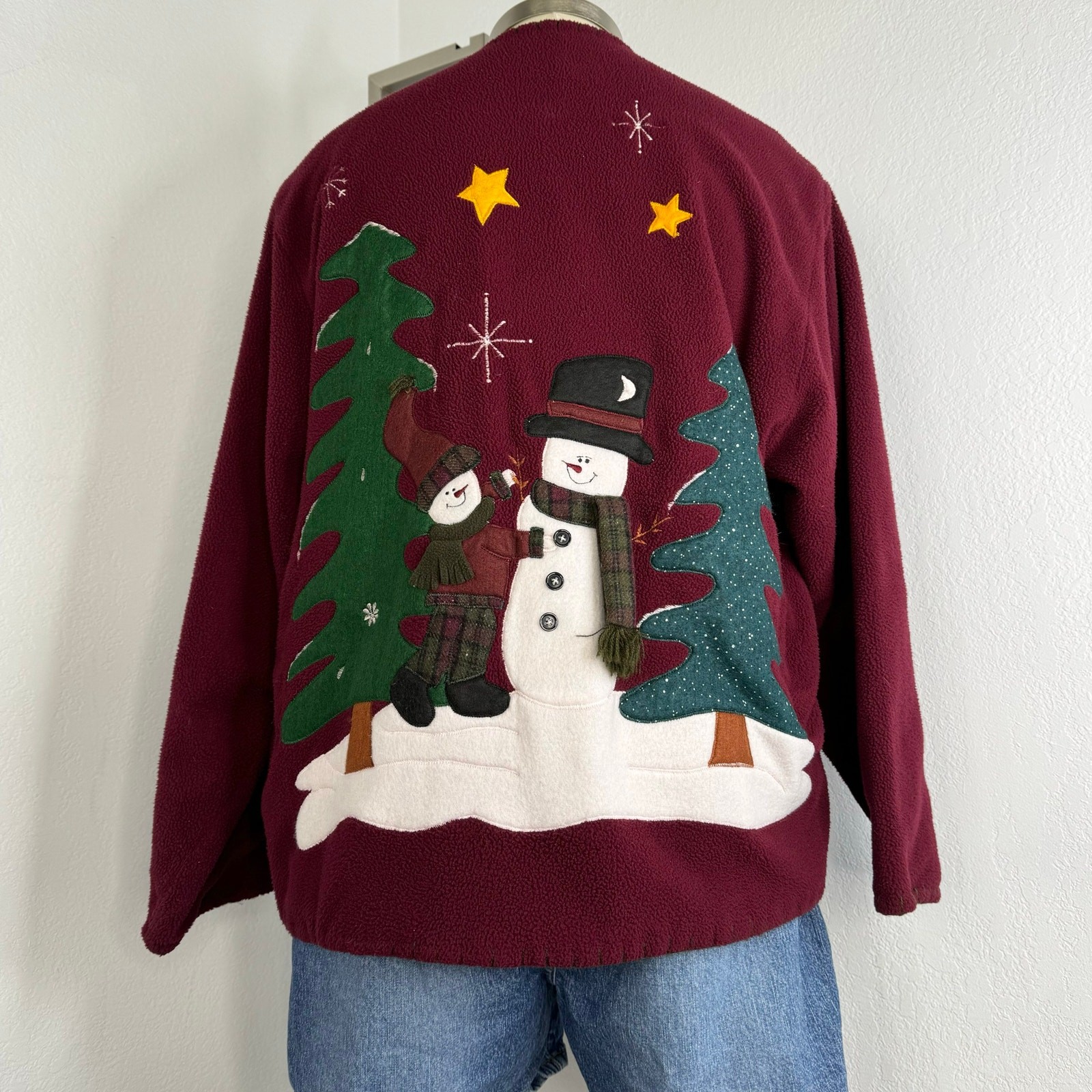 Vintage 90s Snowman Winter Scene Fleece Women's Burgundy Large with Pockets