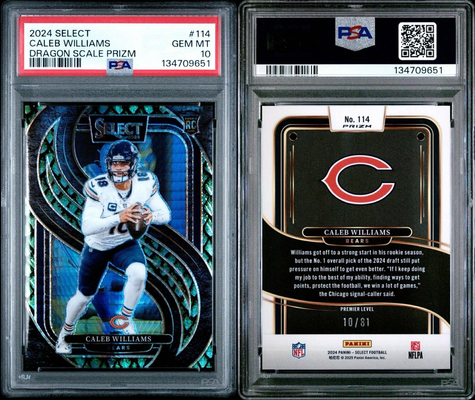 Caleb Williams RC, Dragon Scale Prizm /81 #114 - 2024 Panini Select - PSA 10