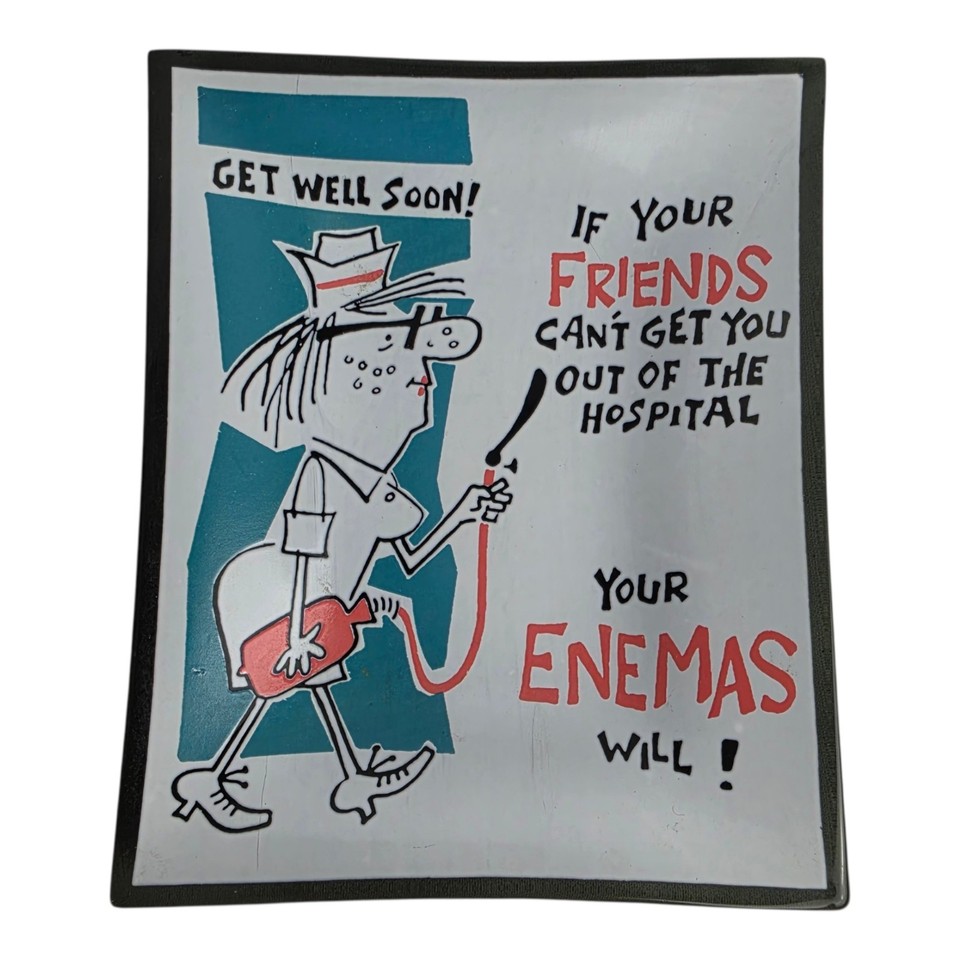 A vintage Houze Art glass dish with 'Get Well Soon… Friends Enemas' etched on it — peak mid-century adult gag humor in genuine antique glass form.